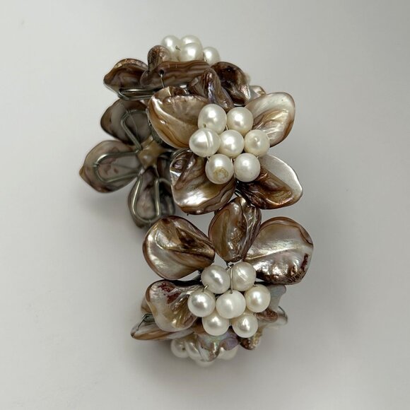 Statement Floral Cuff Bracelet Mother of Pearl Shell Pearl Bead Wire Wrap Boho - Picture 6 of 12